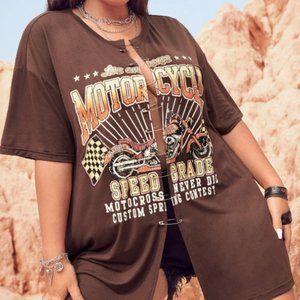 Western Pin Detail Motorcycle And Slogan Graphic Drop Shoulder Tee